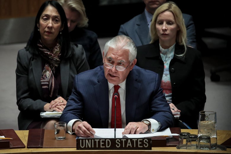 NEW YORK, NY - DECEMBER 15: U.S. Secretary of State Rex Tillerson speaks during a United Nations Security Council meeting concerning North Korea's nuclear ambitions, December 15, 2017 in New York City. On Thursday, UN Secretary-General Antonio Guterres said that the Security Council resolutions on North Korea's nuclear programs must be fully implemented. (Photo by Drew Angerer/Getty Images)